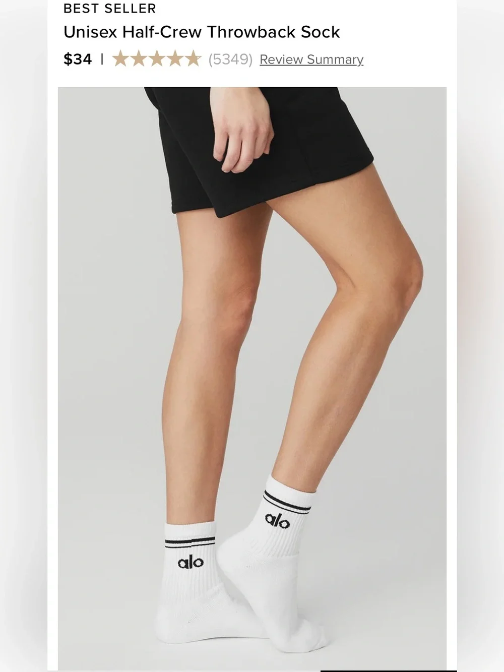ALO Yoga, UniWhite Half-Crew Athletic Socks with Black Logo , women’s 5 to 7